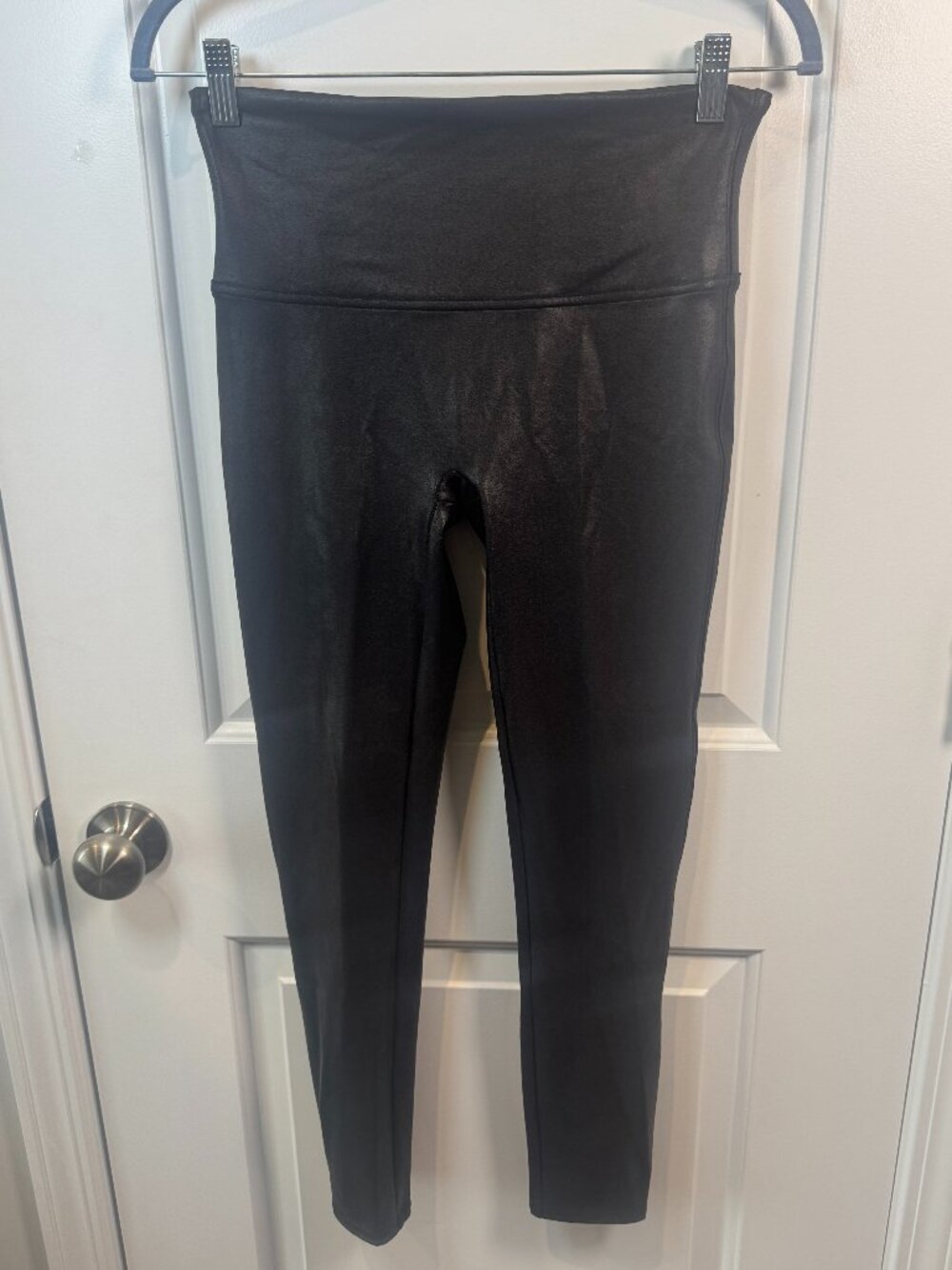 SPANX Black Faux Leather Leggings High Rise Tummy Control Size Large Petite LP